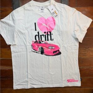 Puma White Tee with Pink Heart and Pink Drift Car Graphic